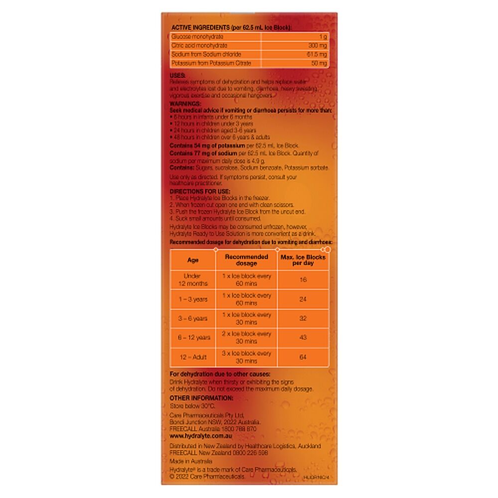Hydralyte Orange Flavoured Electrolyte Ice Blocks 16 Pack