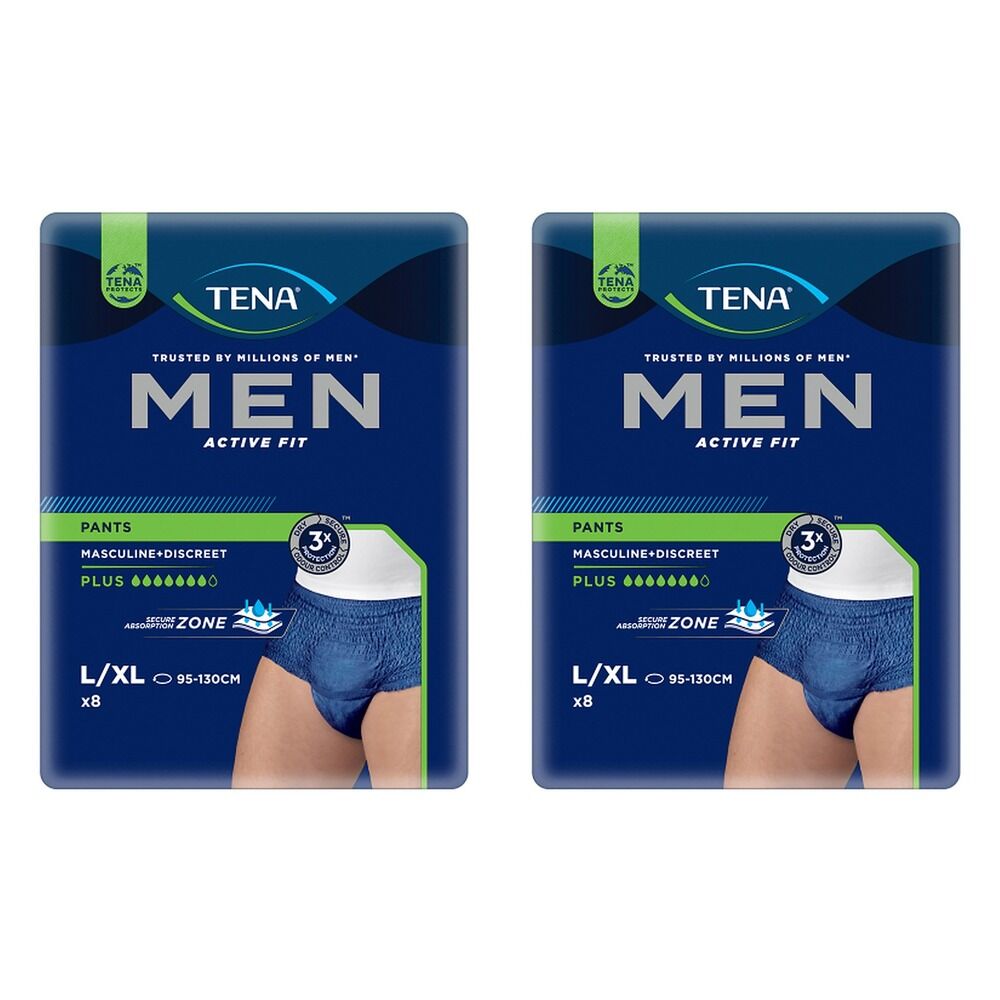 Tena Men Active Fit Pants Plus Blue L/XL 8 Pack x 2 Bundle of 2
