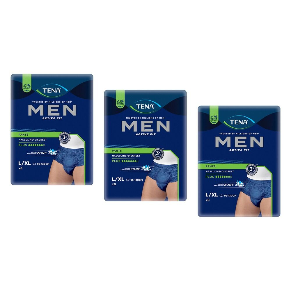 Tena Men Active Fit Pants Plus Blue L/XL 8 Pack x 2 Bundle of 3