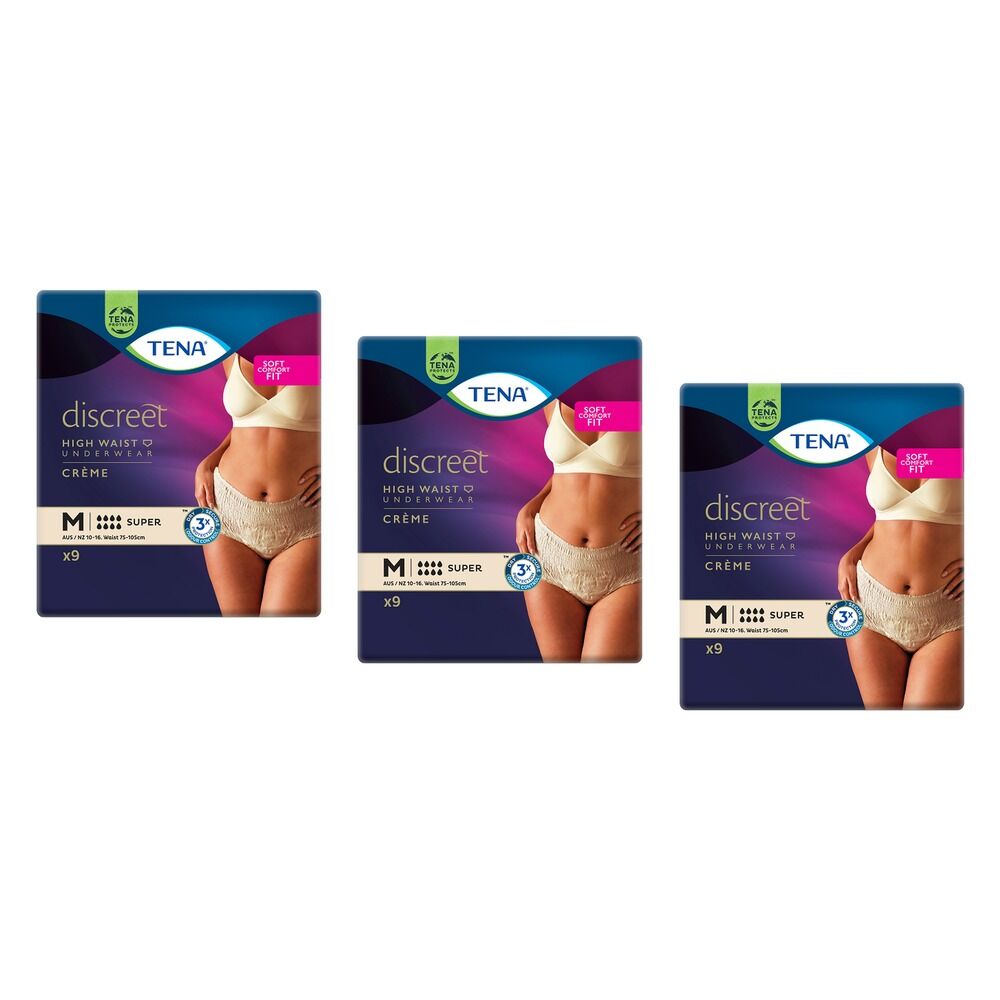 Tena Discreet High Waist Underwear Super Creme M 9 Pack x 2 Bundle of 3