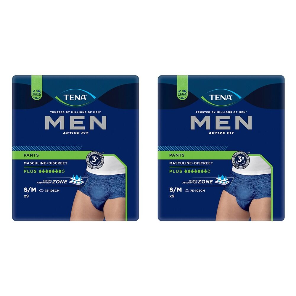 Tena Men Active Fit Pants Plus Blue S/M 9 Pack x 2 Bundle of 2