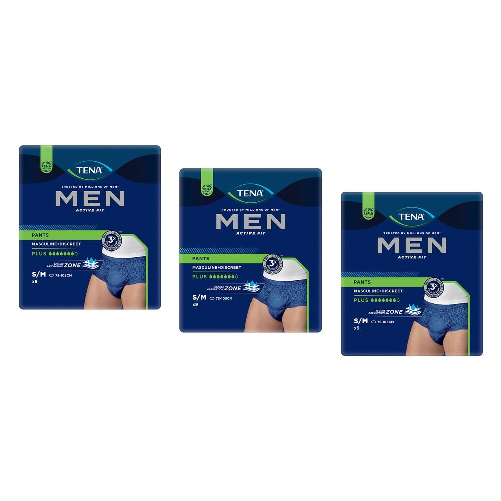 Tena Men Active Fit Pants Plus Blue S/M 9 Pack x 2 Bundle of 3