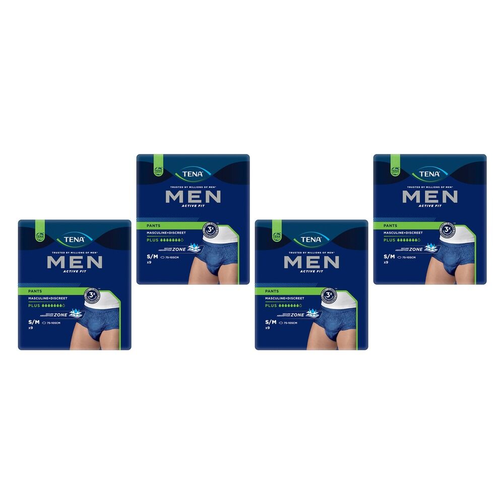 Tena Men Active Fit Pants Plus Blue S/M 9 Pack x 2 Bundle of 4