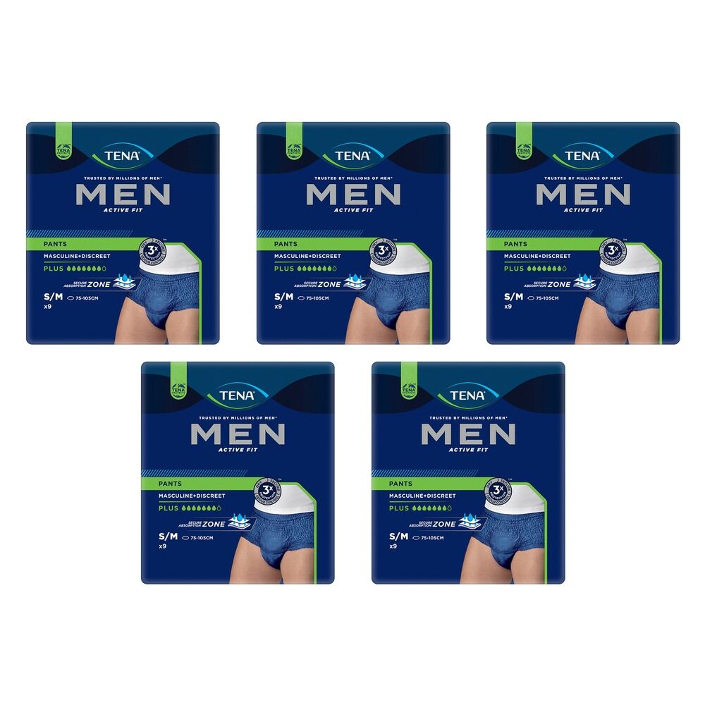 Tena Men Active Fit Pants Plus Blue S/M 9 Pack x 2 Bundle of 5