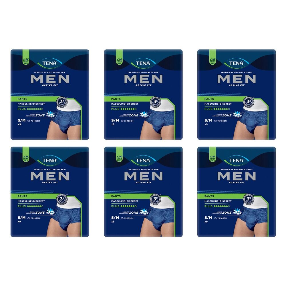 Tena Men Active Fit Pants Plus Blue S/M 9 Pack x 2 Bundle of 6