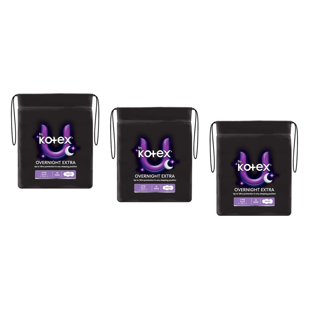 U By Kotex Extra Overnight Pads with Wings 10 Pack x 6 Bundle of 3