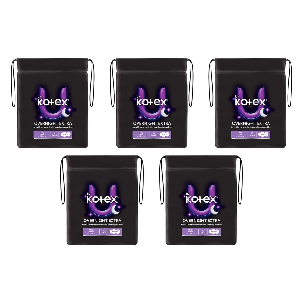 U By Kotex Extra Overnight Pads with Wings 10 Pack x 6 Bundle of 5