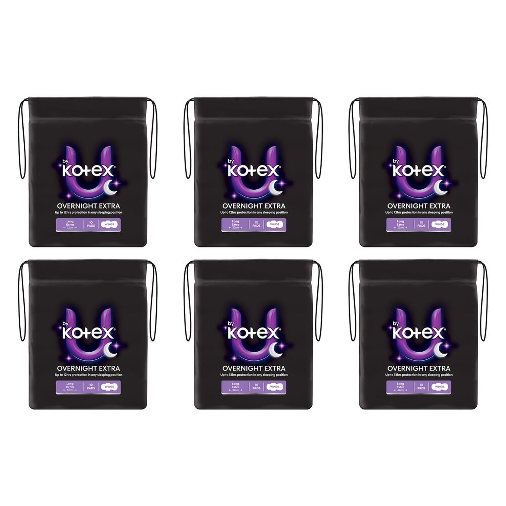 U By Kotex Extra Overnight Pads with Wings 10 Pack x 6 Bundle of 6