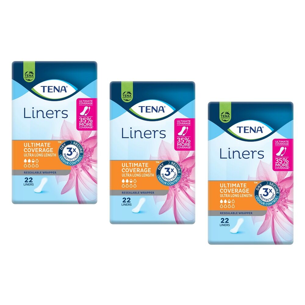 Tena Liners Ultimate Coverage Ultra Long Length 22 Pack x 6 Bundle of 3