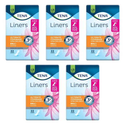 Tena Liners Ultimate Coverage Ultra Long Length 22 Pack x 6 Bundle of 5