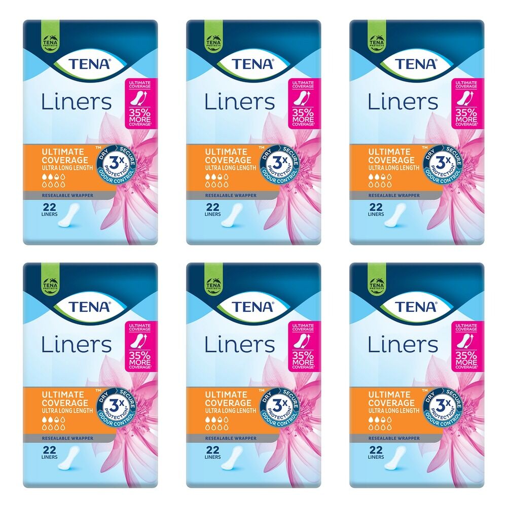 Tena Liners Ultimate Coverage Ultra Long Length 22 Pack x 6 Bundle of 6