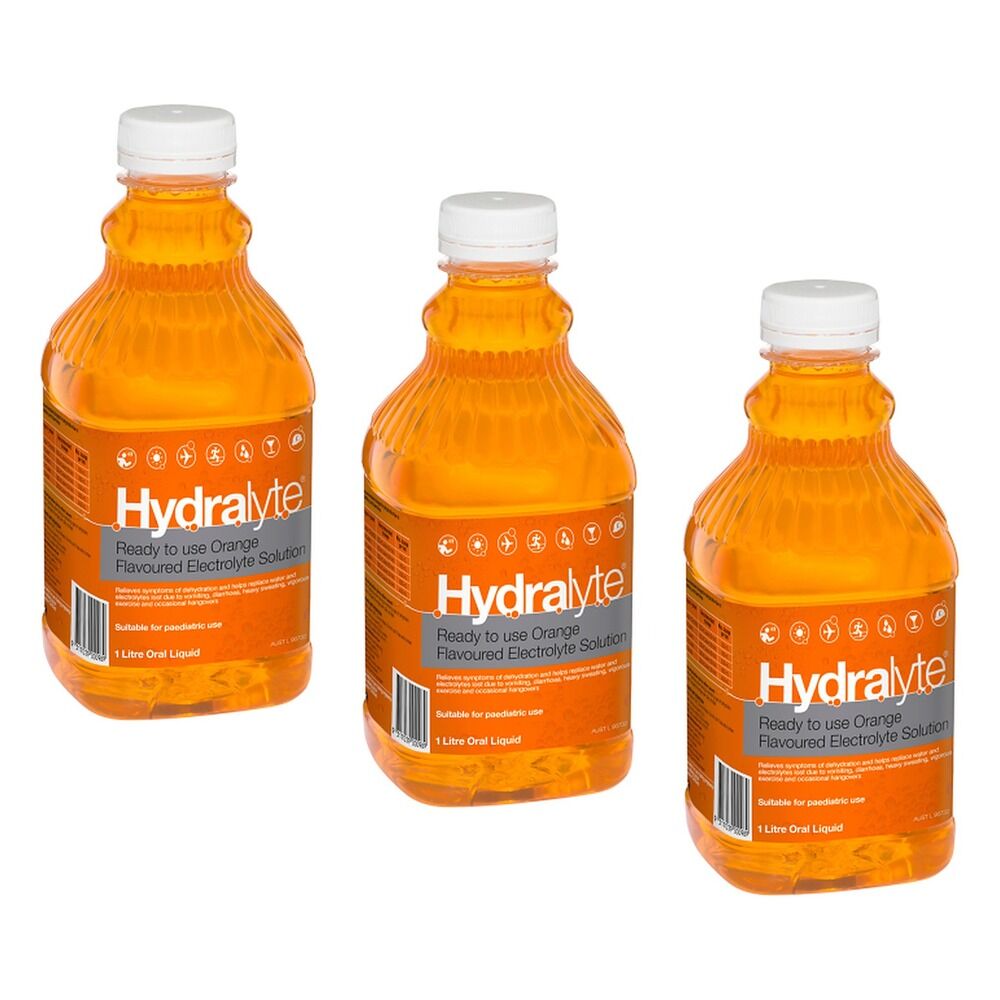 Hydralyte Orange Flavoured Electrolyte Solution 1 L Pack of 3