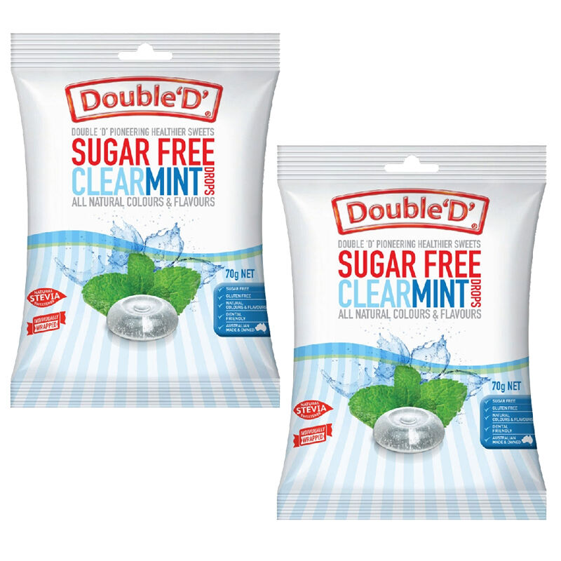 Double D Sugar Free Clear Mint Drops 70g Pack of 2 Individually Wrapped