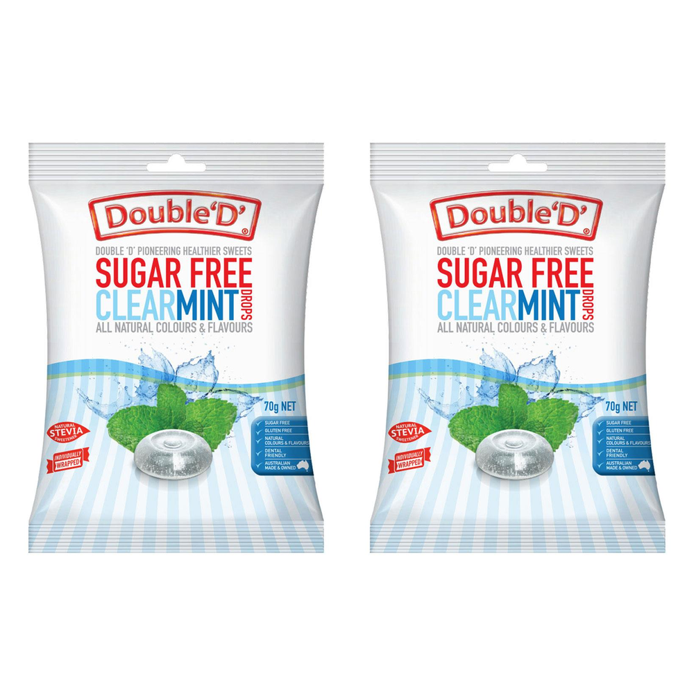 Double D Sugar Free Clear Mint Drops 70g Pack of 2 Individually Wrapped