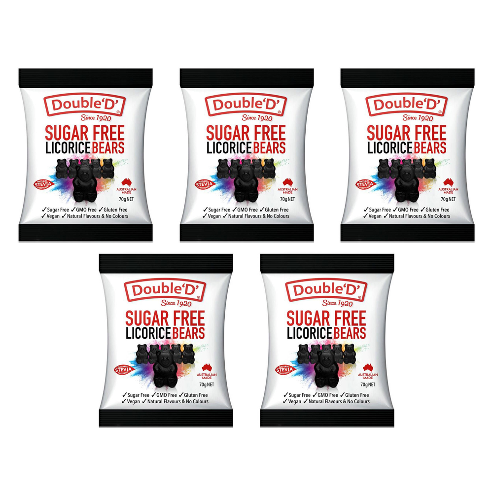 Double D Sugar Free Licorice Gummy Bears 70g Bundle of 5