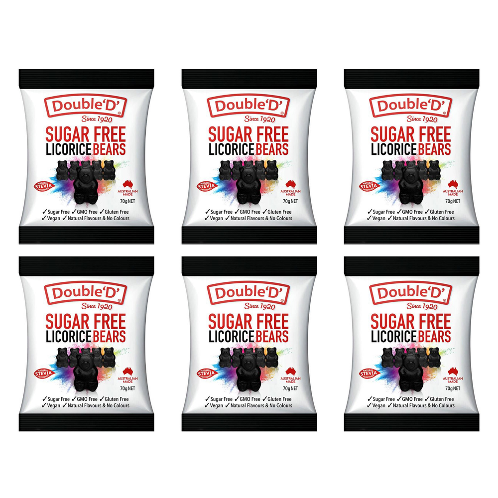Double D Sugar Free Licorice Gummy Bears 70g Bundle of 6