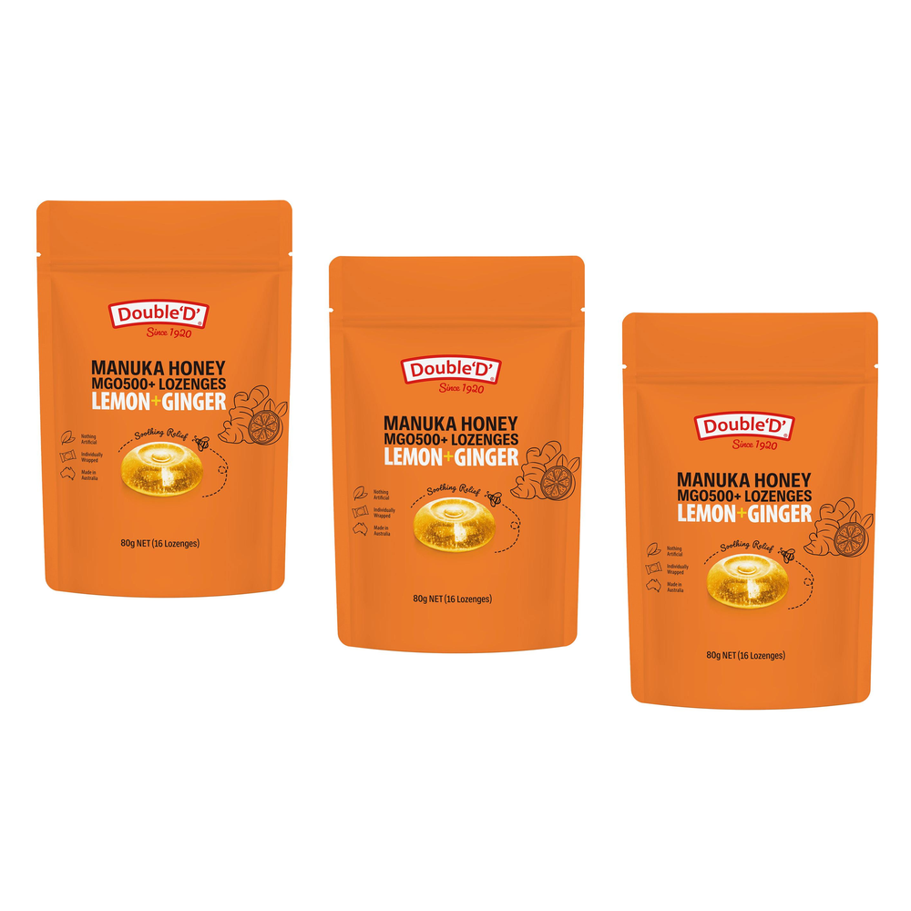 Double D Manuka Honey Lemon Ginger Lozenges 80g Bundle of 3 Soothing Relief