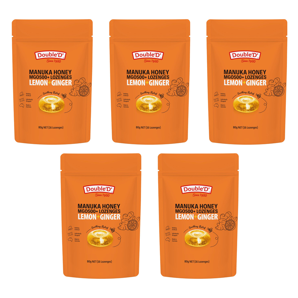 Double D Manuka Honey Lemon Ginger Lozenges 80g Bundle of 5