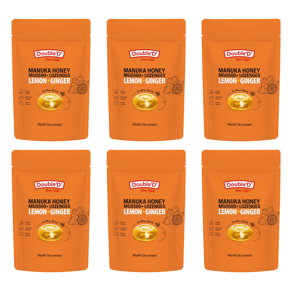 Double D Manuka Honey Lemon Ginger Lozenges 80g Bundle of 6 Throat Relief
