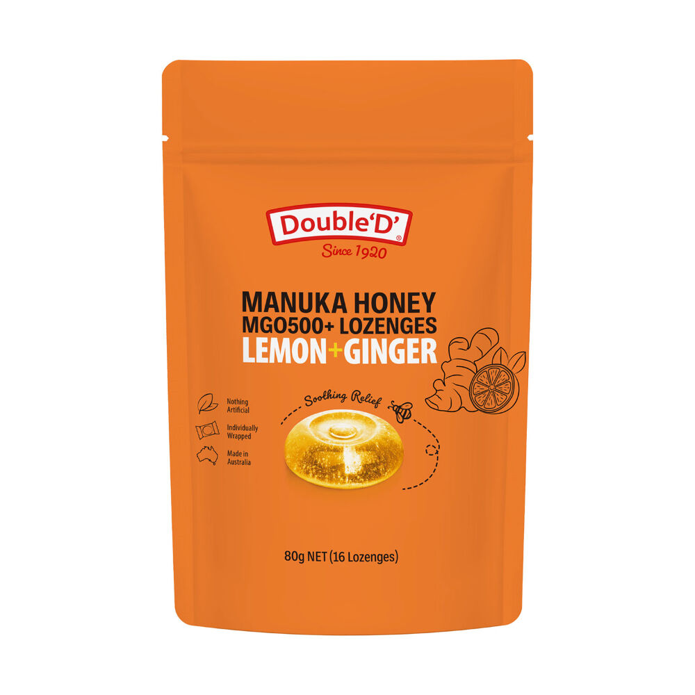 Double D Manuka Honey Lemon Ginger Lozenges 80g Soothing Throat Relief