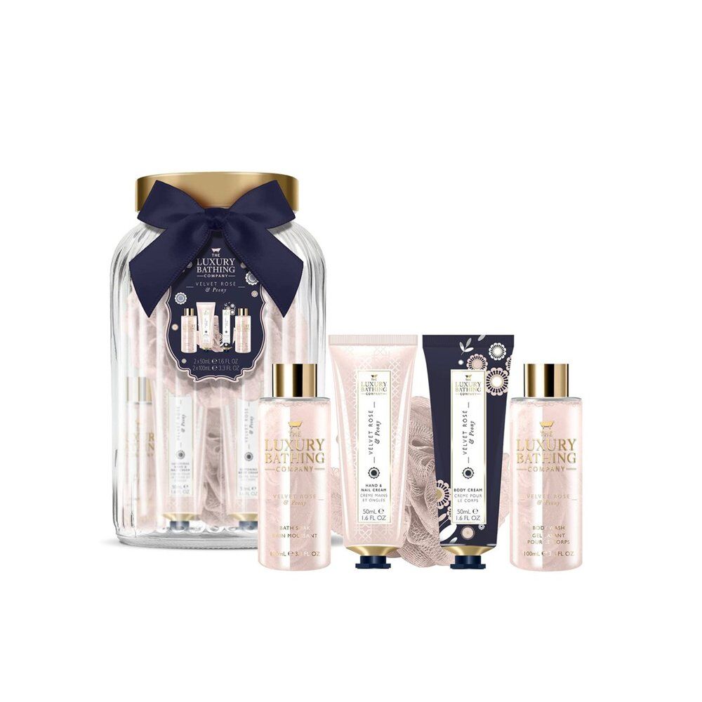 Luxury Bathing Co Velvet Rose & Peony Ultimate Gift Set Jar with Body Puff Bundle of 3