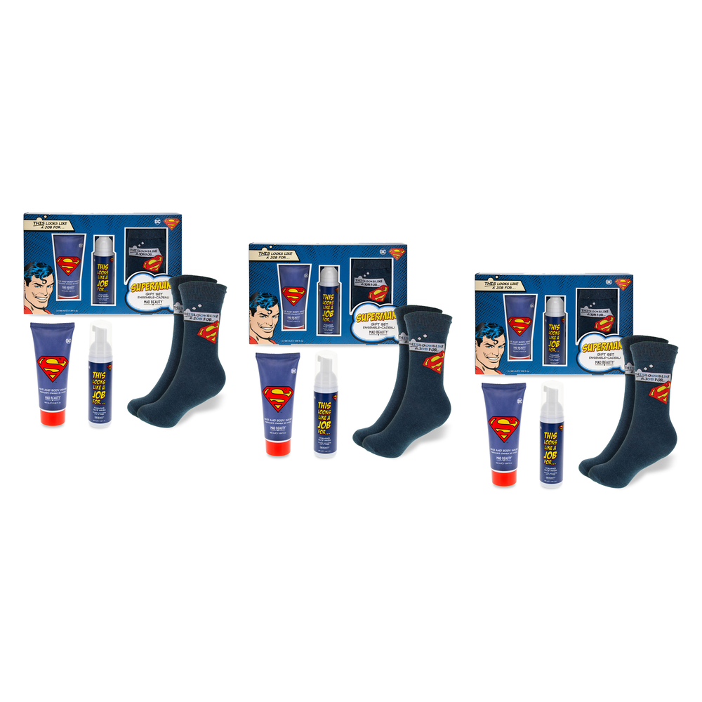 Warner Bros DC Superman Body Care Sock Set Mad Beauty Wash and Socks Pack of 3