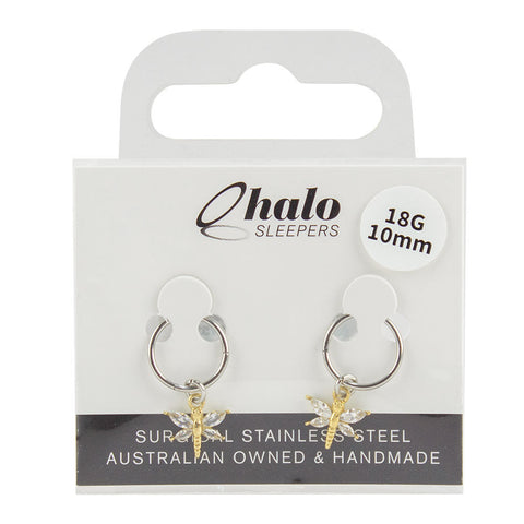 Halo Sleepers Gold Butterfly Earrings 10mm Stainless Steel Gem Charm Pair