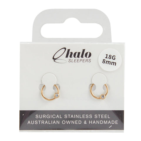 Halo Sleepers 8mm Gem Ball Sleeper Earrings Rose Gold Stainless Steel 18G