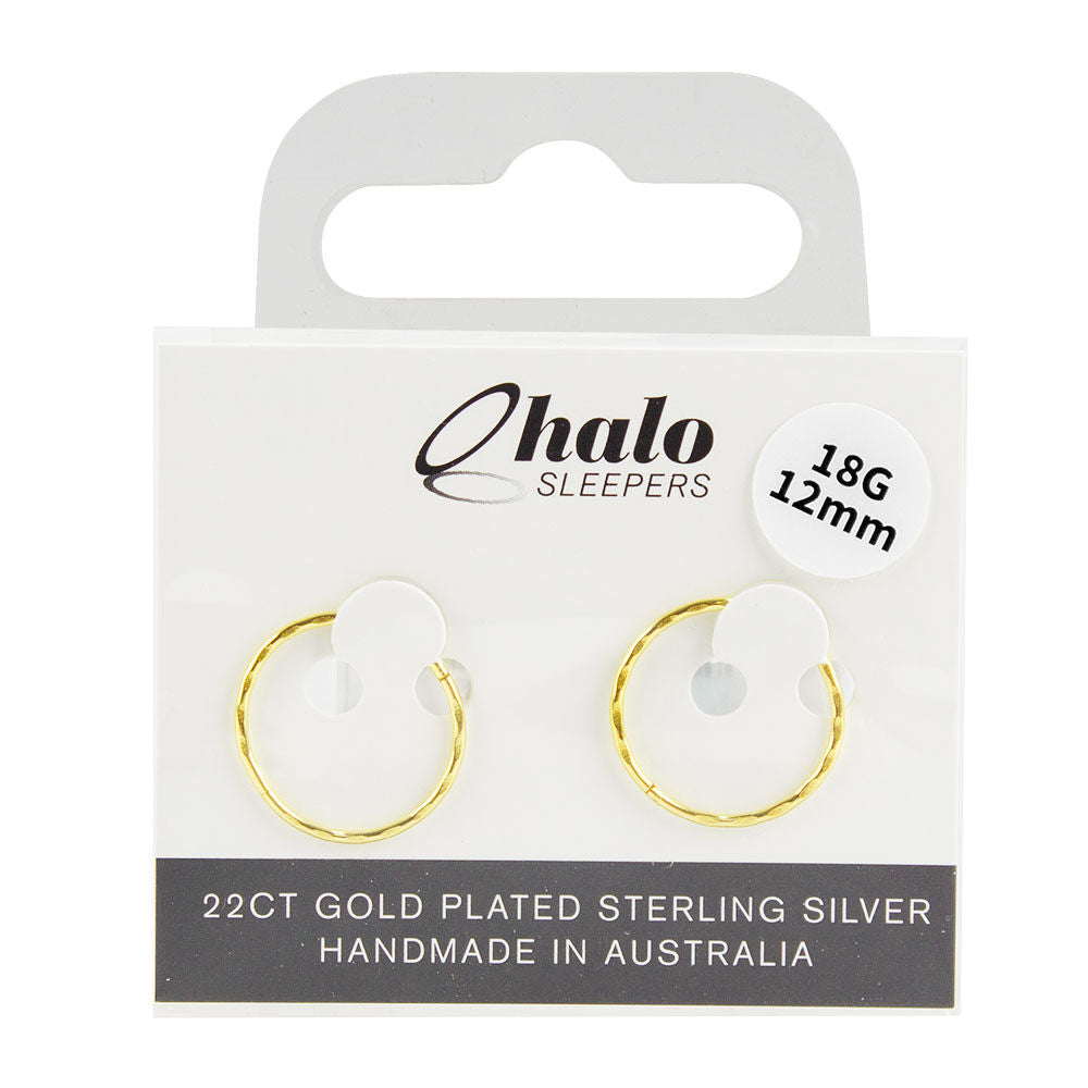 Halo Sleepers 12mm 22ct Gold Plated Sterling Silver Sleeper Earrings 18G
