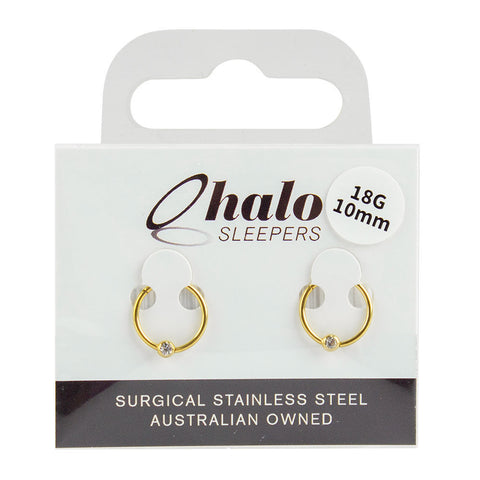Halo Sleepers 10mm Gold Stainless Steel Gem Ball Earrings 18G Hypoallergenic