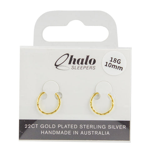 Halo Sleepers 10mm 22ct Gold Plated Sterling Silver Faceted Earrings 18G