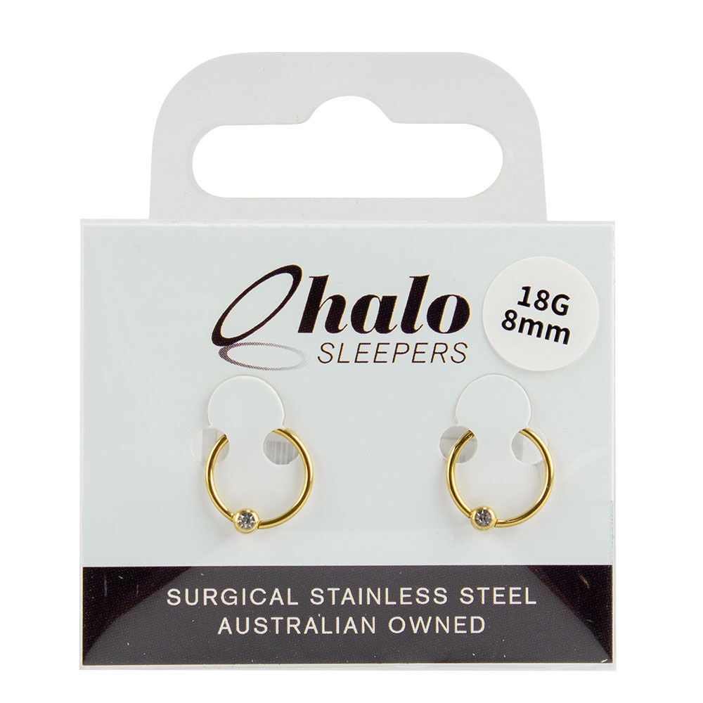 Halo Sleepers Stainless Steel 18g Gem Ball Gold 8mm Sleeper Earing Set