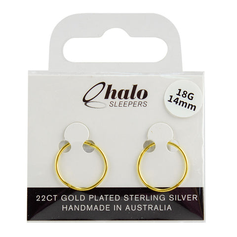 Halo Sleepers 14mm Sleeper Earrings 22ct Gold Plated Sterling Silver 18G