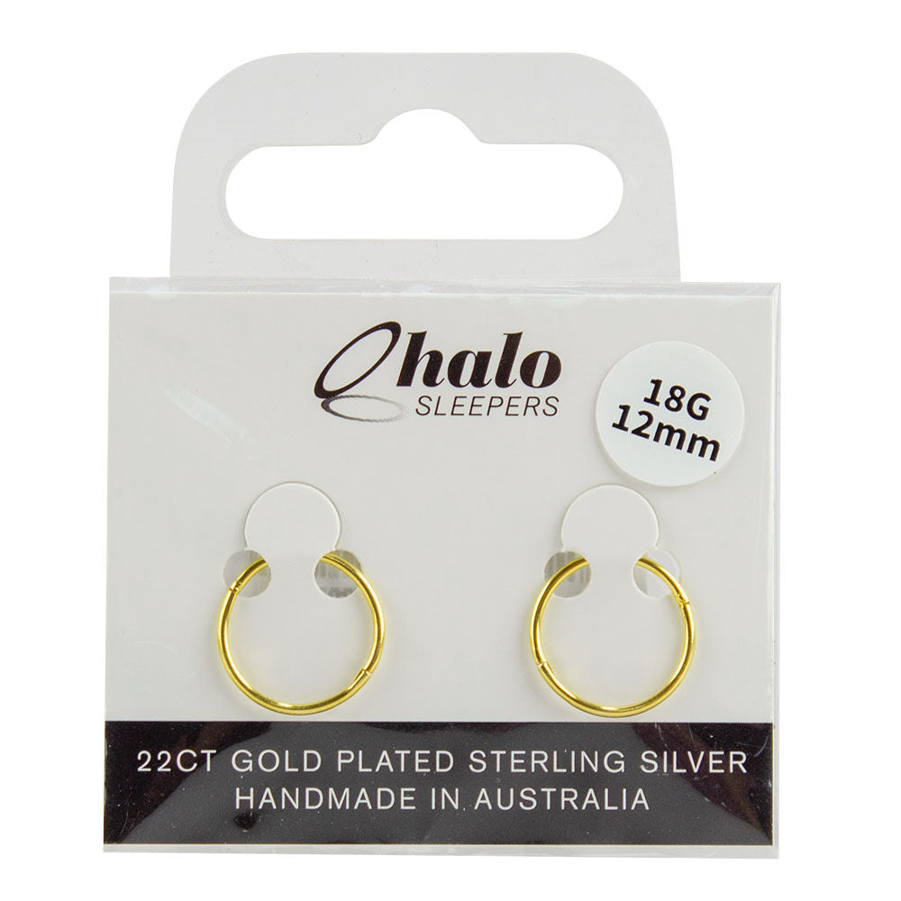 Halo Sleepers 12mm 22ct Gold Plated Sterling Silver Sleeper Earrings 18G