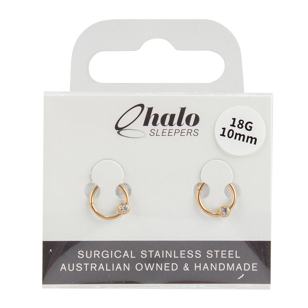 Halo Sleepers 10mm Rose Gold Stainless Steel Gem Ball Earrings 18G