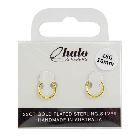 Halo Sleepers 10mm 22ct Gold Plated Sterling Silver Earrings 18G Handmade