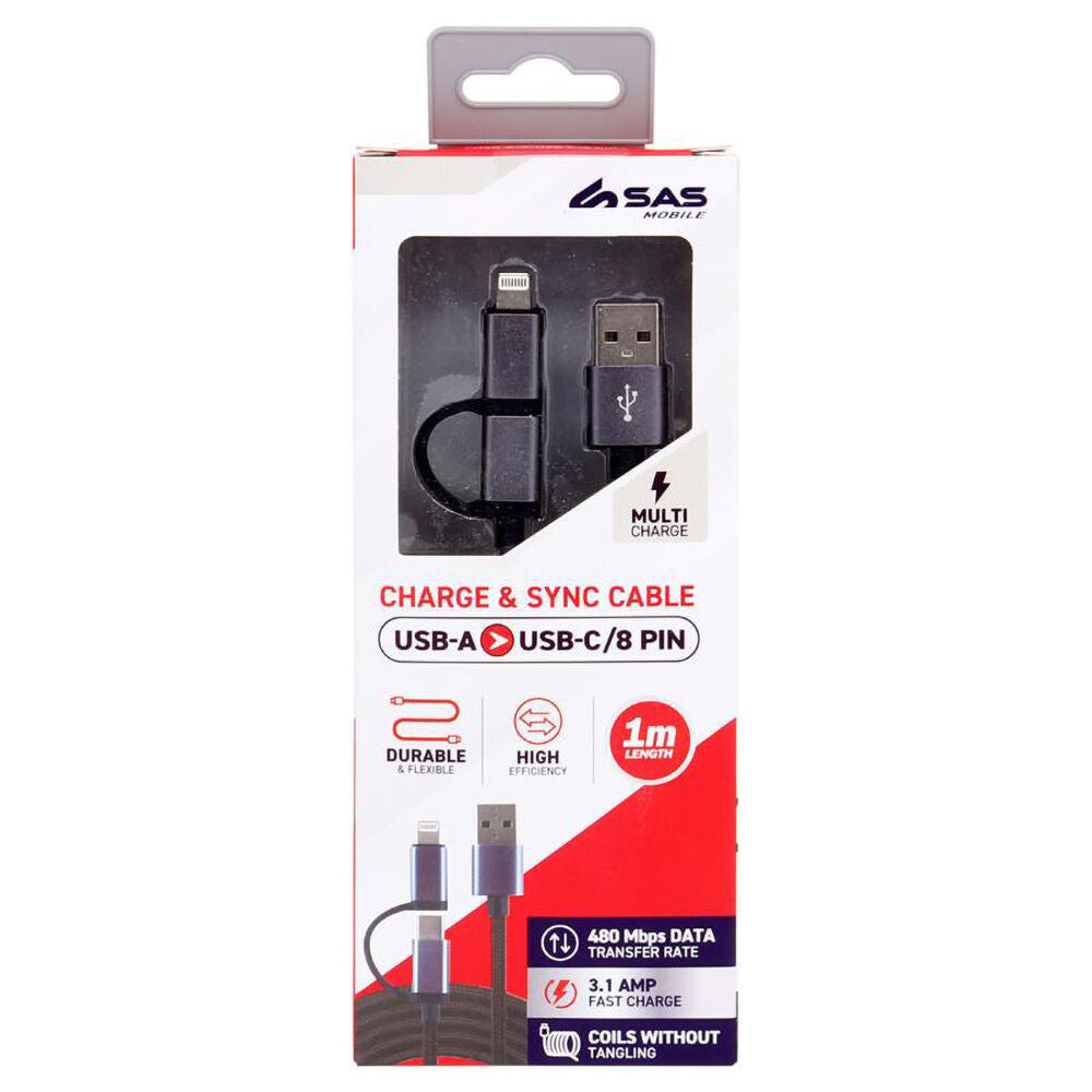 SAS Mobile 2in1 Charge and Sync Cable 1m Fast Charging Data Transfer