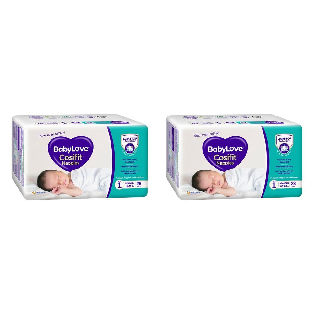 Baby Love Cosifit Convenience Nappies Newborn Size 1 28 Pack x 4 Bundle of 2