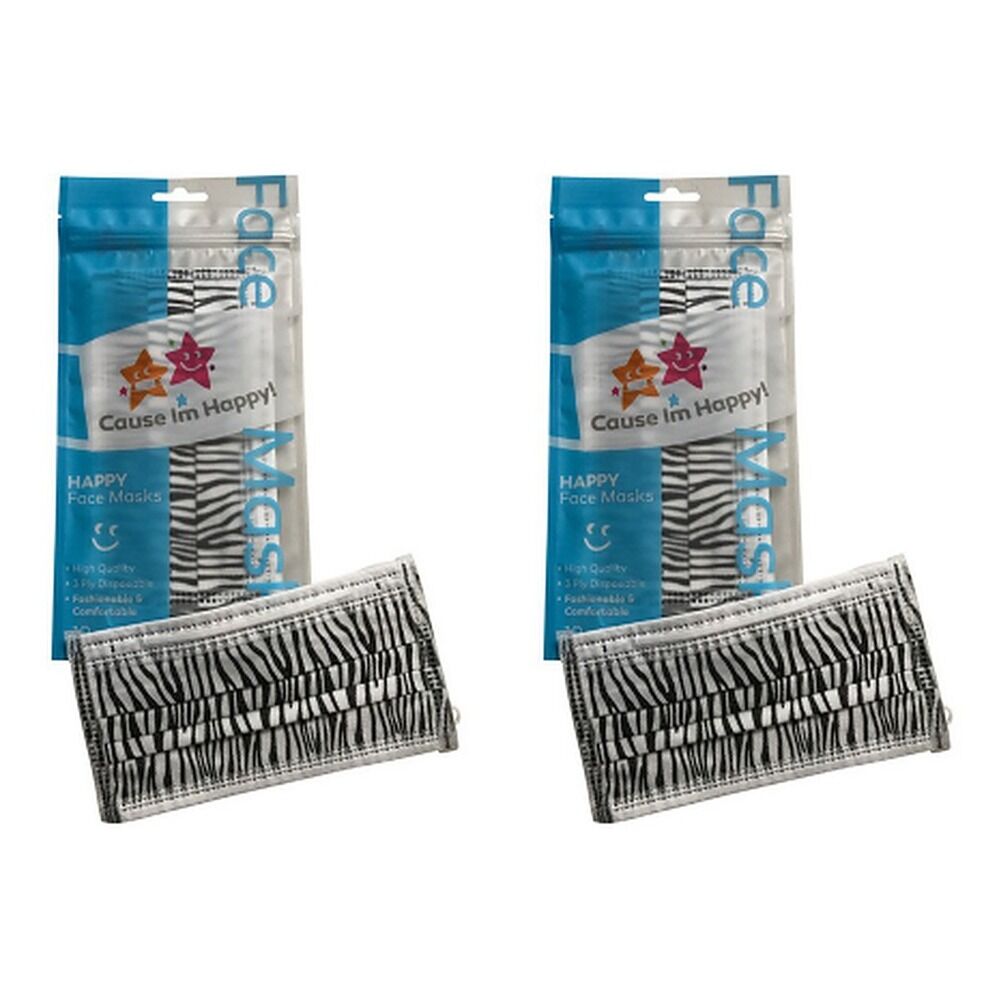 Cause I'm Happy Face Mask Zebra 10 Pack Bundle of 2