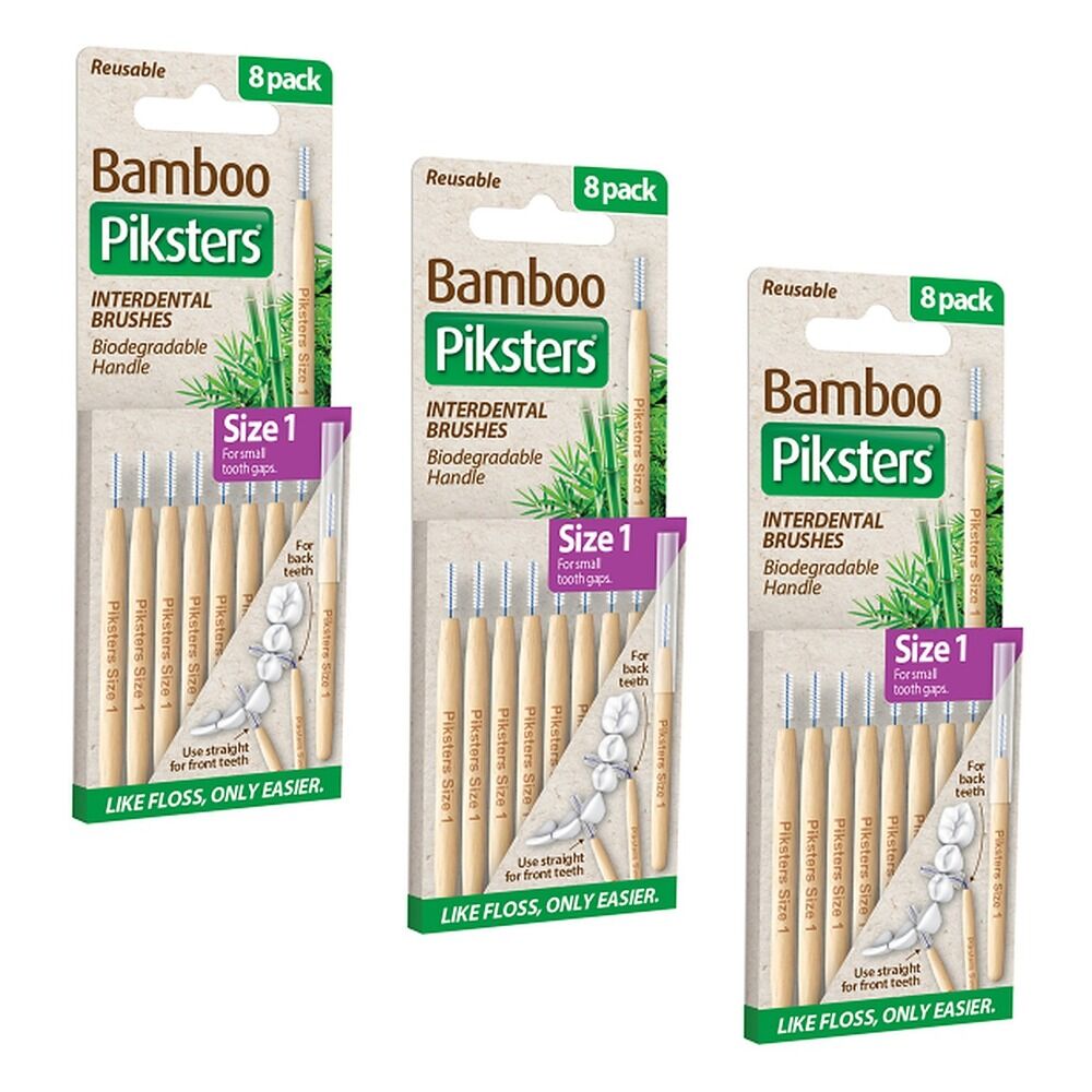 Piksters Bamboo Interdental Brushes Size 1 8 Pack Small Tooth Gaps Bundle of 3
