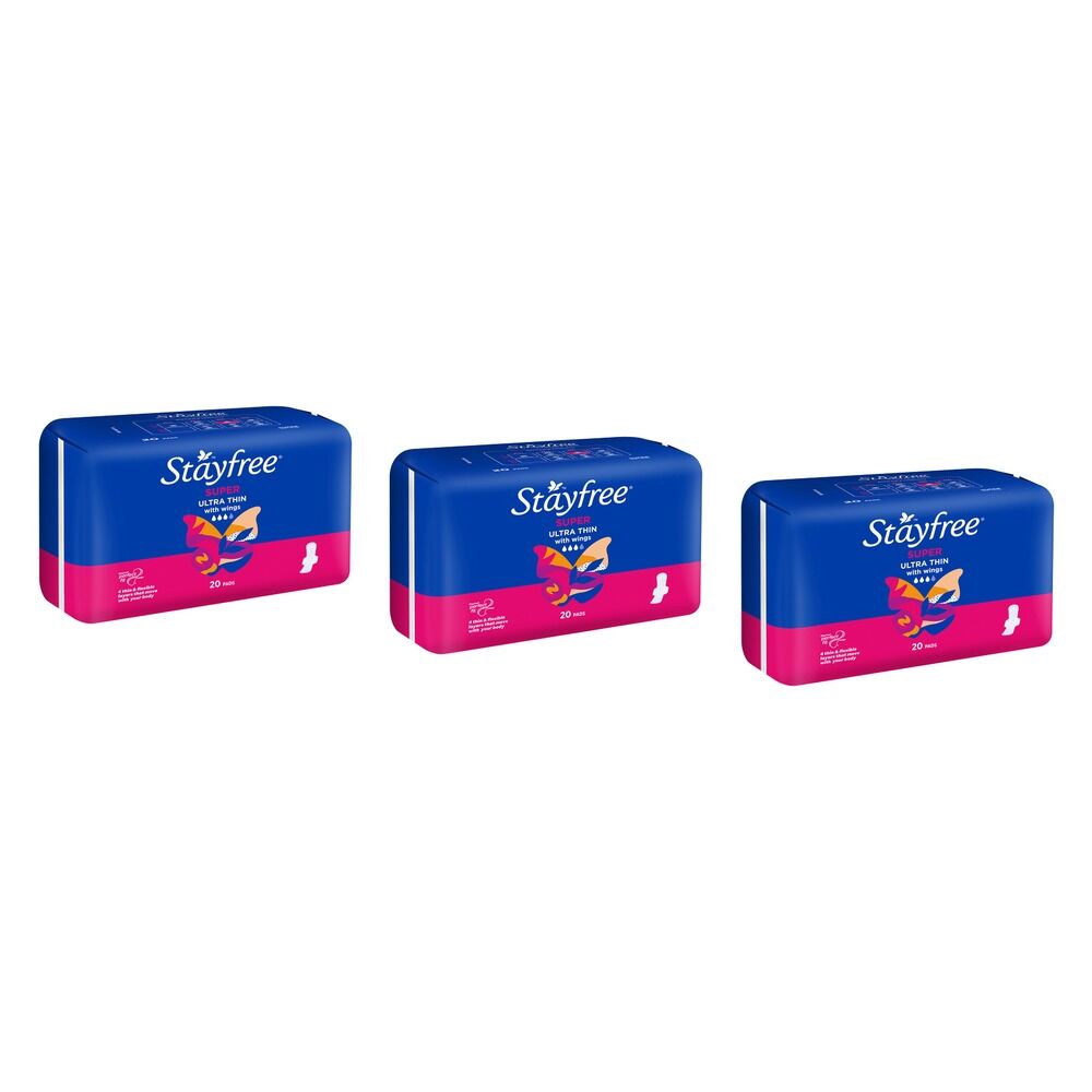 Stayfree Ultra Thin Super Pads with Wings 20 Pack x 6 Bundle of 3