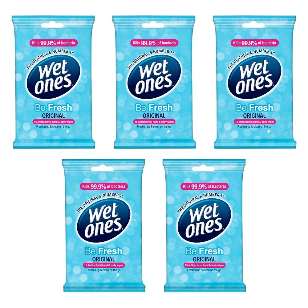 Wet Ones Be Fresh Original Antibacterial Hand & Body Wipes 15 Wipes Pack of 5