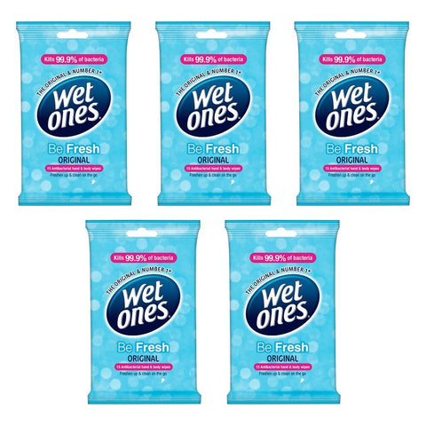Wet Ones Be Fresh Original Antibacterial Hand & Body Wipes 15 Wipes Pack of 5