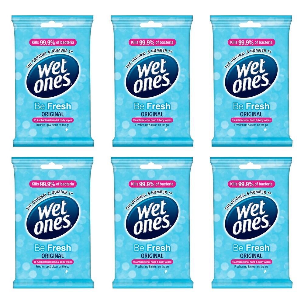 Wet Ones Be Fresh Original Antibacterial Hand & Body Wipes 15 Wipes Pack of 6