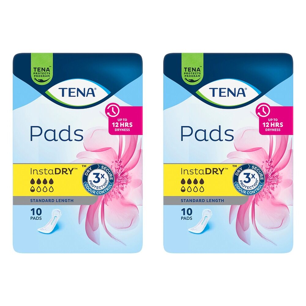Tena InstaDry Standard Length Pads 10 Pack x 6 Bundle of 2