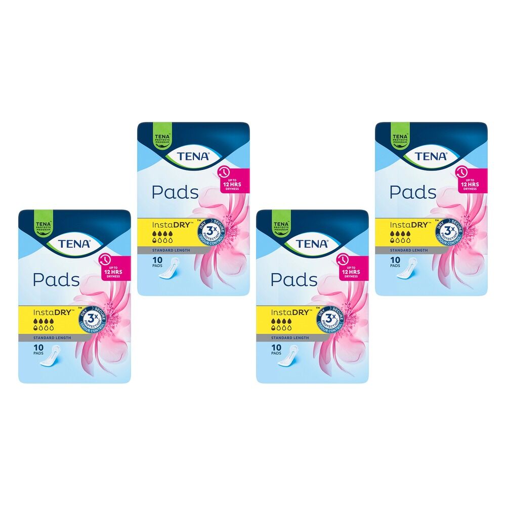 Tena InstaDry Standard Length Pads 10 Pack x 6 Bundle of 4