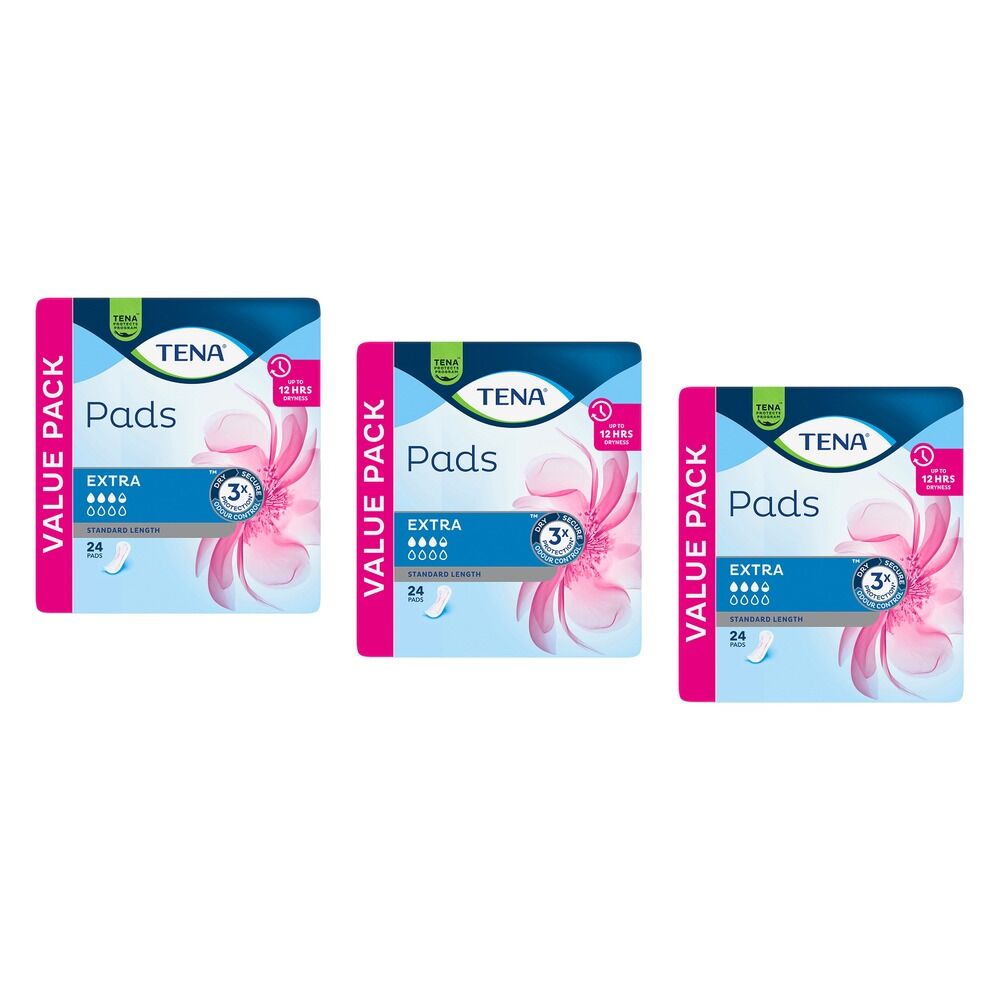 Tena Extra Standard Length Pads 24 Pack x 3 Bundle of 3