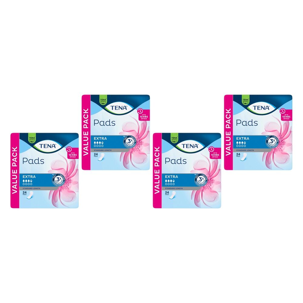 Tena Extra Standard Length Pads 24 Pack x 3 Bundle of 4