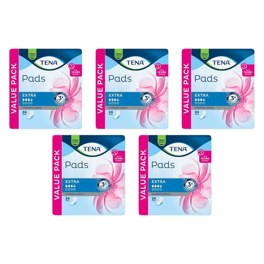 Tena Extra Standard Length Pads 24 Pack x 3 Bundle of 5