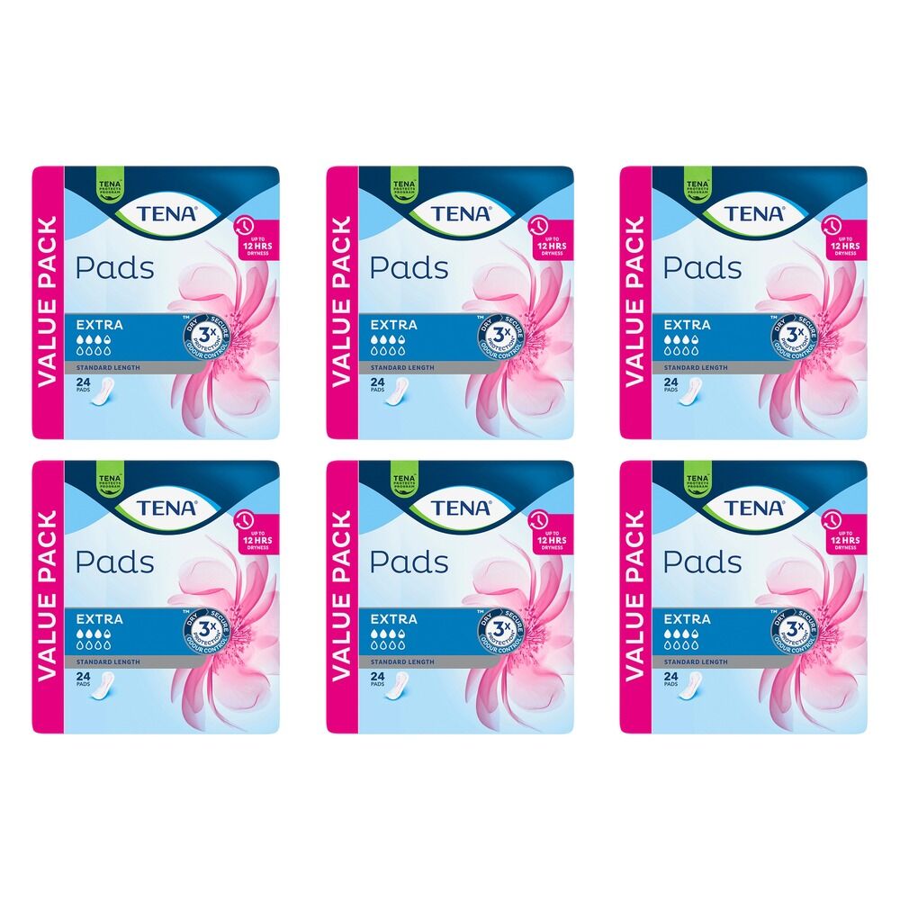 Tena Extra Standard Length Pads 24 Pack x 3 Bundle of 6